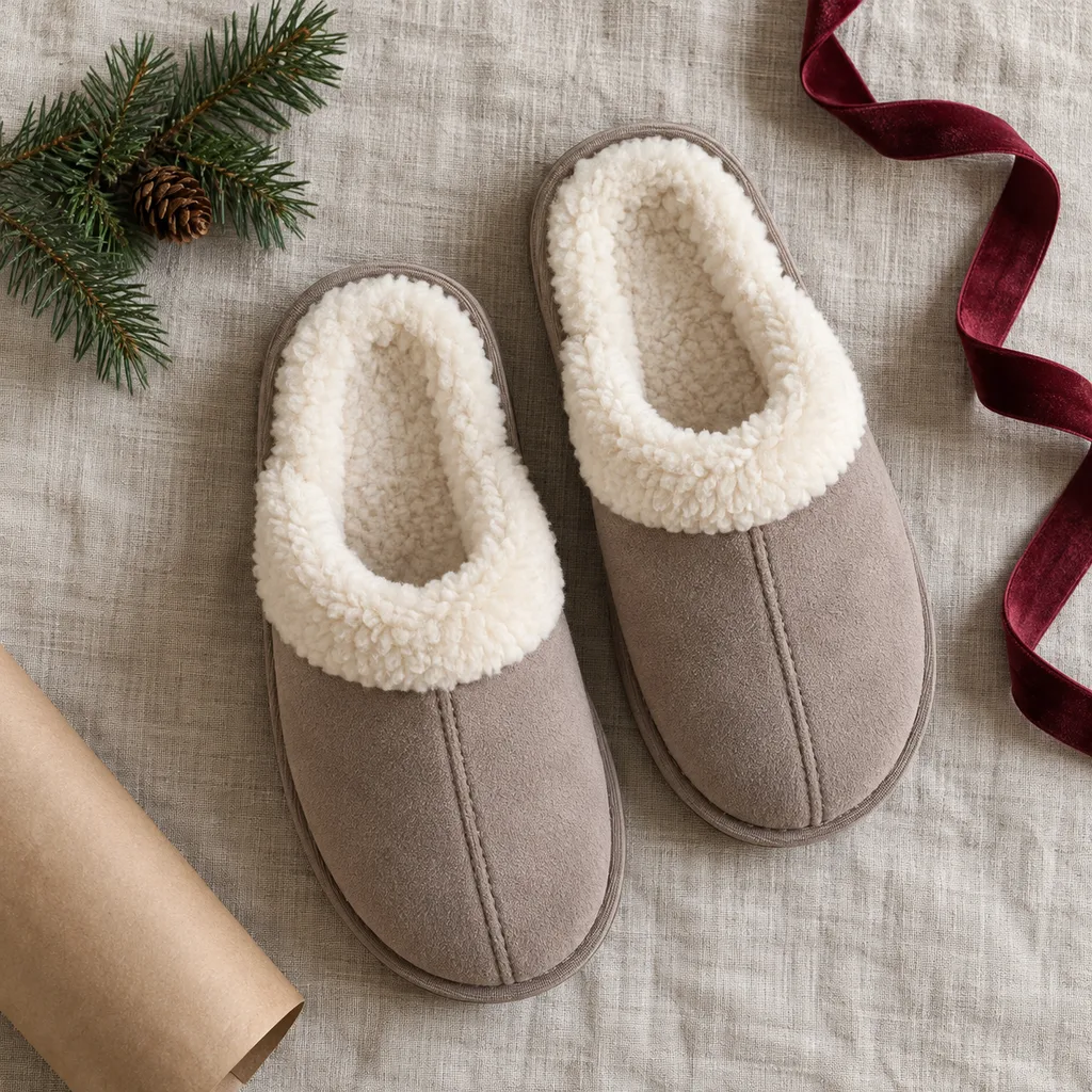 Representative photo-style image of warm fleece lined house slippers — generated, not a specific product