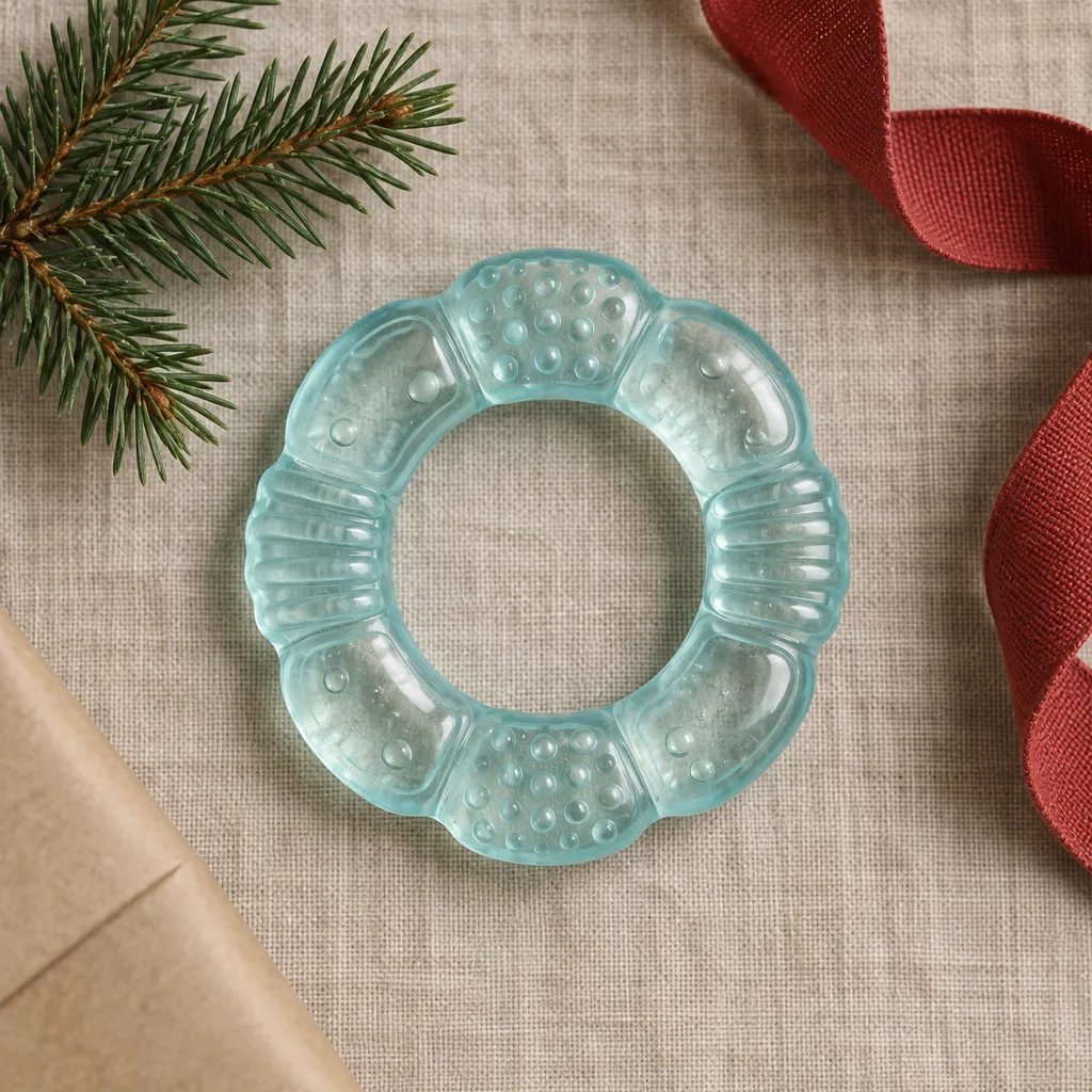 Representative photo-style image of water-filled cooling teething ring — generated, not a specific product