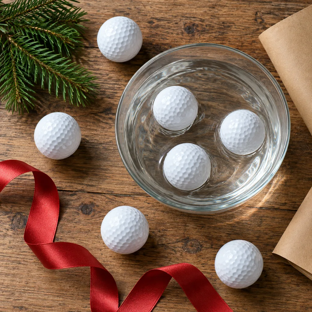 Representative photo-style image of water hazard floating golf balls — generated, not a specific product