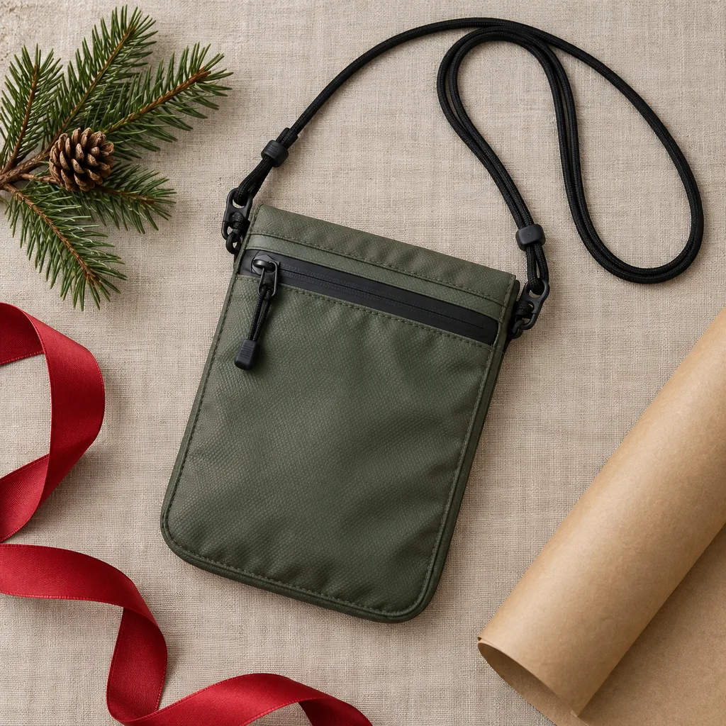 Representative photo-style image of water-resistant outdoor neck pouch — generated, not a specific product