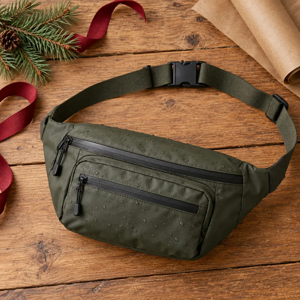 Representative photo-style image of water-resistant outdoor waist pack — generated, not a specific product