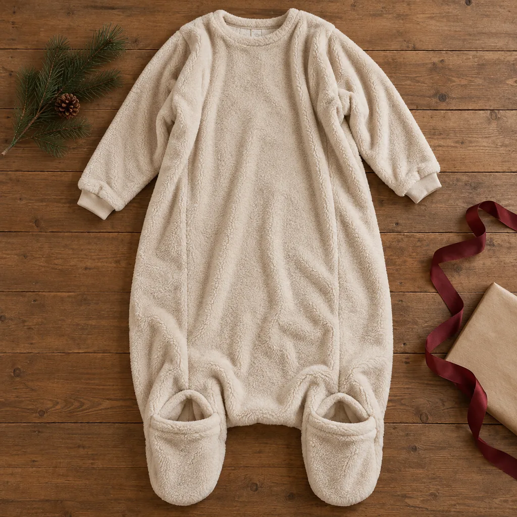 Representative photo-style image of wearable blanket with integrated foot pockets — generated, not a specific product