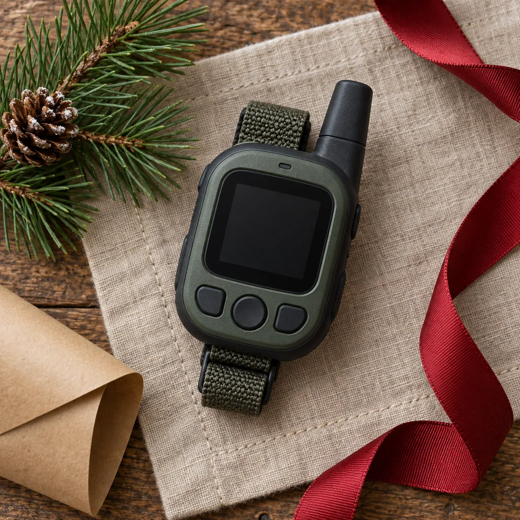 Representative photo-style image of wearable satellite messenger — generated, not a specific product