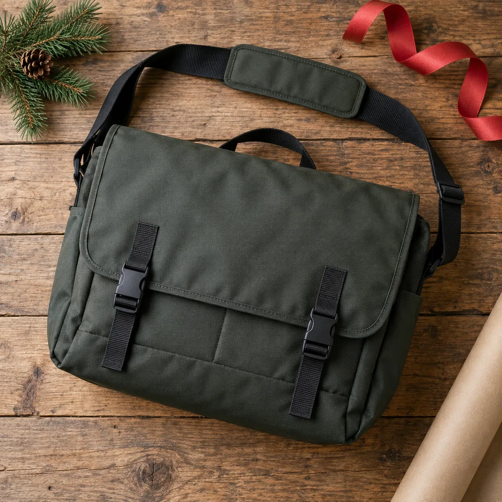 Representative photo-style image of weather-resistant messenger bag — generated, not a specific product