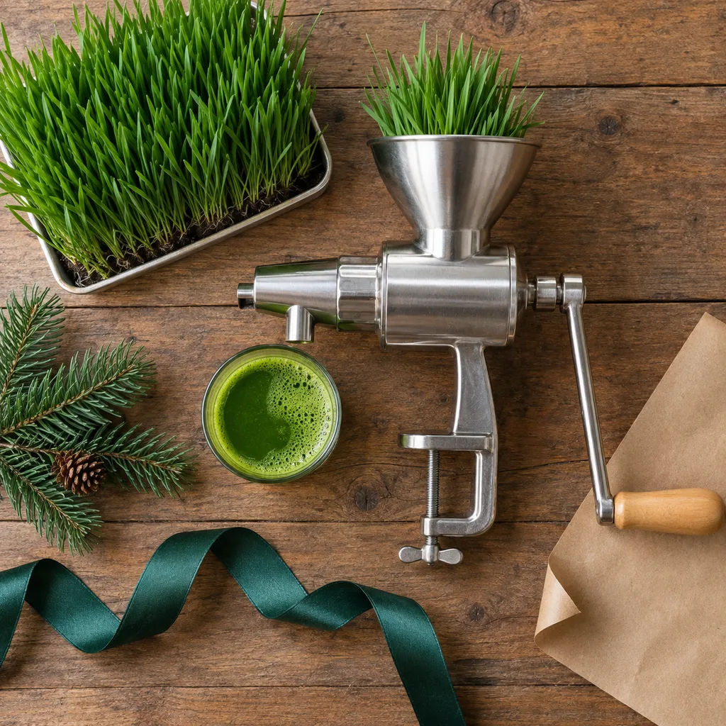 Representative photo-style image of wheatgrass and specialty juicer — generated, not a specific product