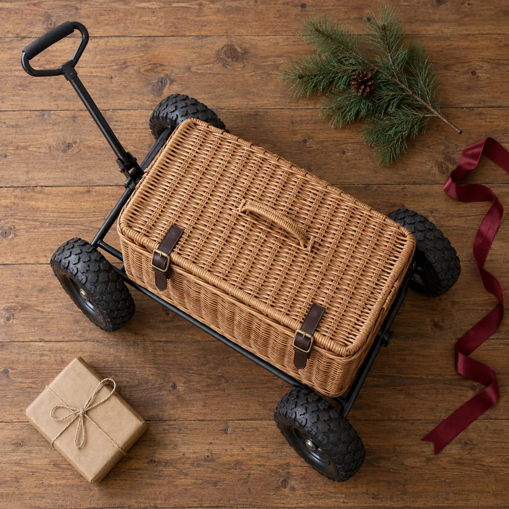 Representative photo-style image of wheeled all-terrain picnic cart — generated, not a specific product