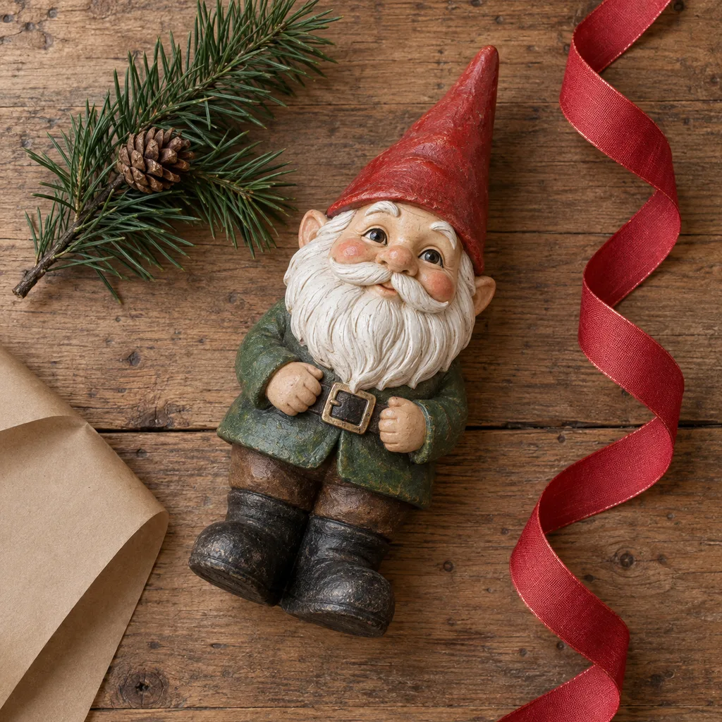 Representative photo-style image of whimsical garden gnome figurine — generated, not a specific product