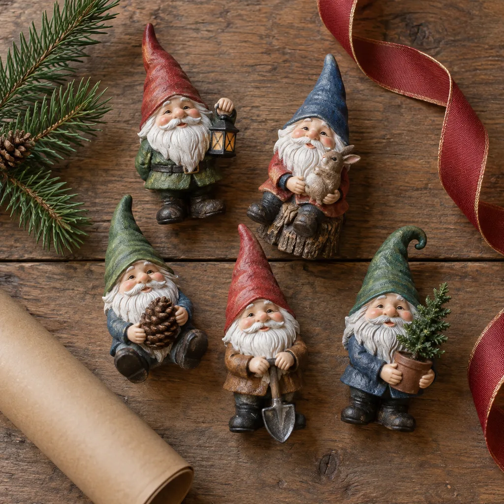Representative photo-style image of whimsical garden gnome figurines — generated, not a specific product