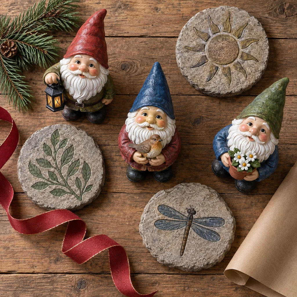 Representative photo-style image of whimsical garden gnome figurines — generated, not a specific product