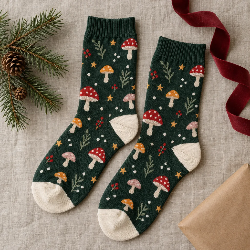 Representative photo-style image of whimsical patterned crew socks — generated, not a specific product