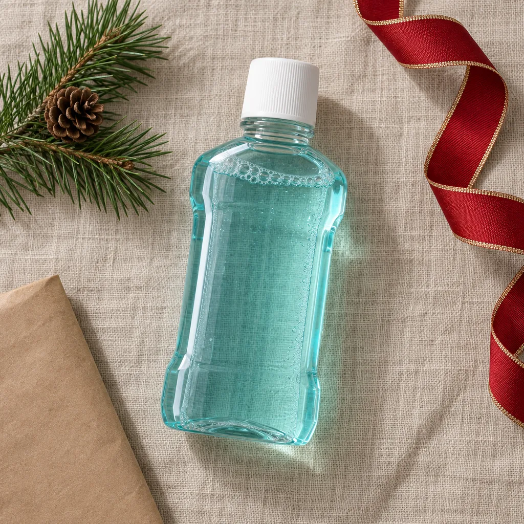 Representative photo-style image of whitening mouthwash — generated, not a specific product