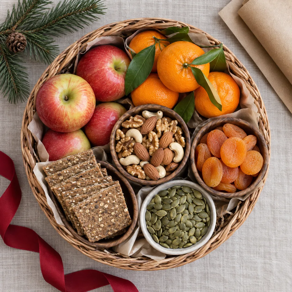 Representative photo-style image of healthy snack gift basket — generated, not a specific product
