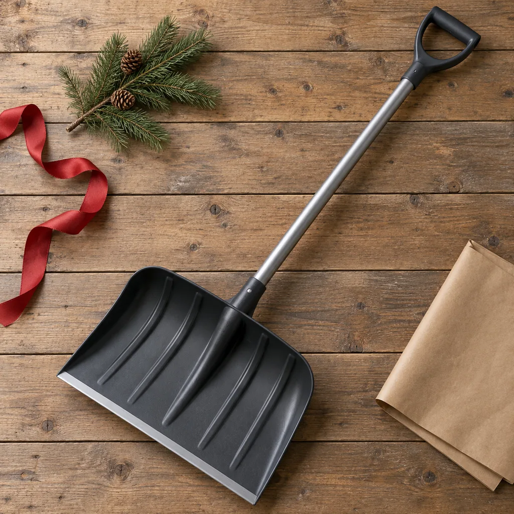 Representative photo-style image of wide blade snow pusher — generated, not a specific product