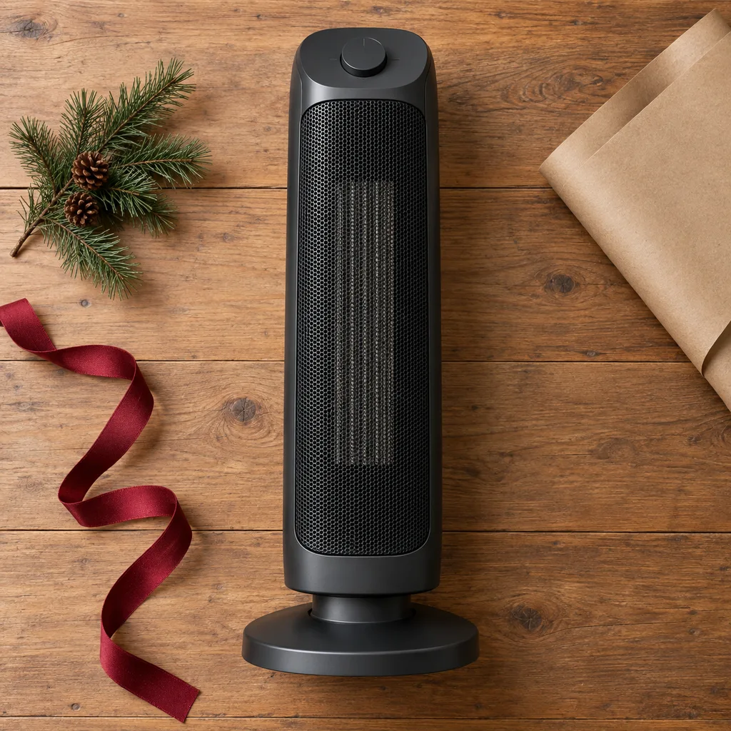 Representative photo-style image of wide-coverage oscillating tower heater — generated, not a specific product