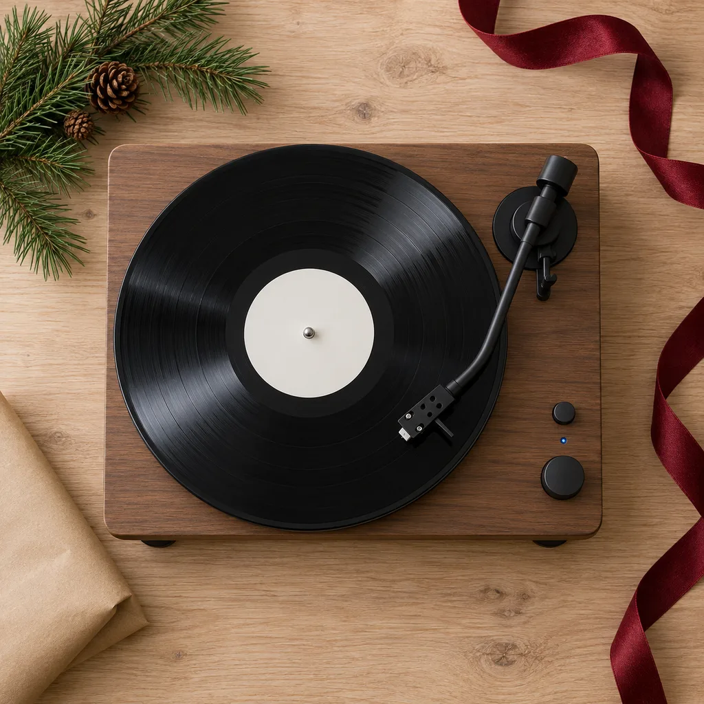 Representative photo-style image of wireless bluetooth connectivity turntable — generated, not a specific product