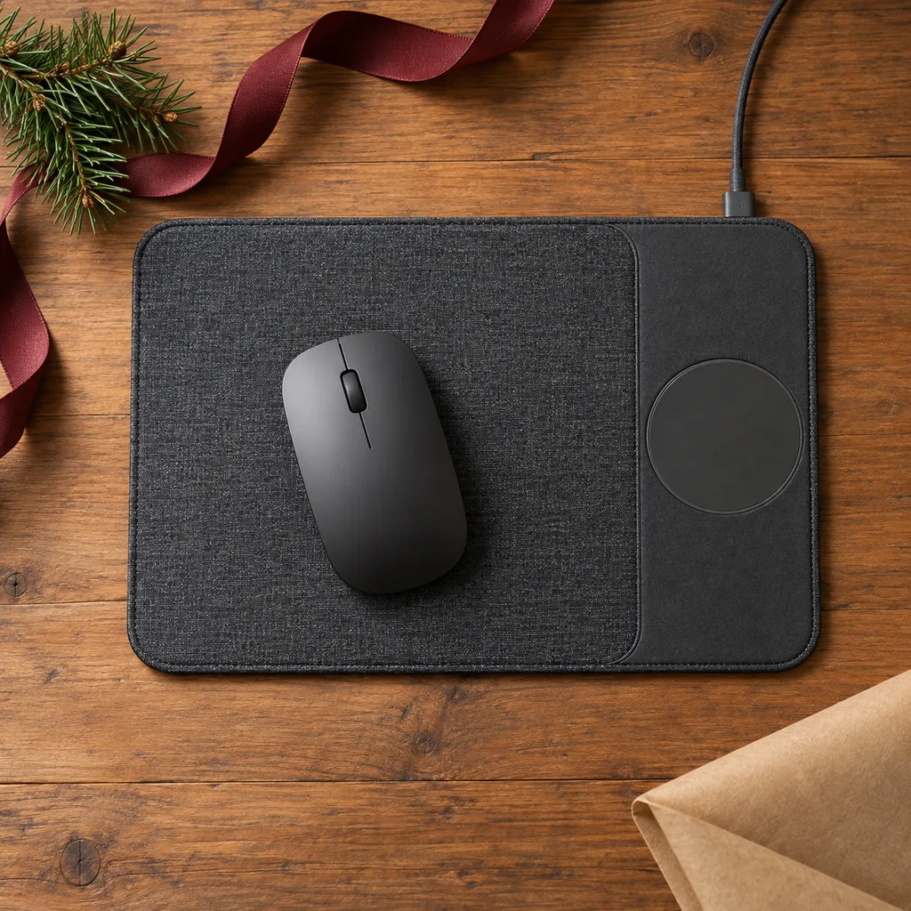 Representative photo-style image of wireless charging mouse pad — generated, not a specific product