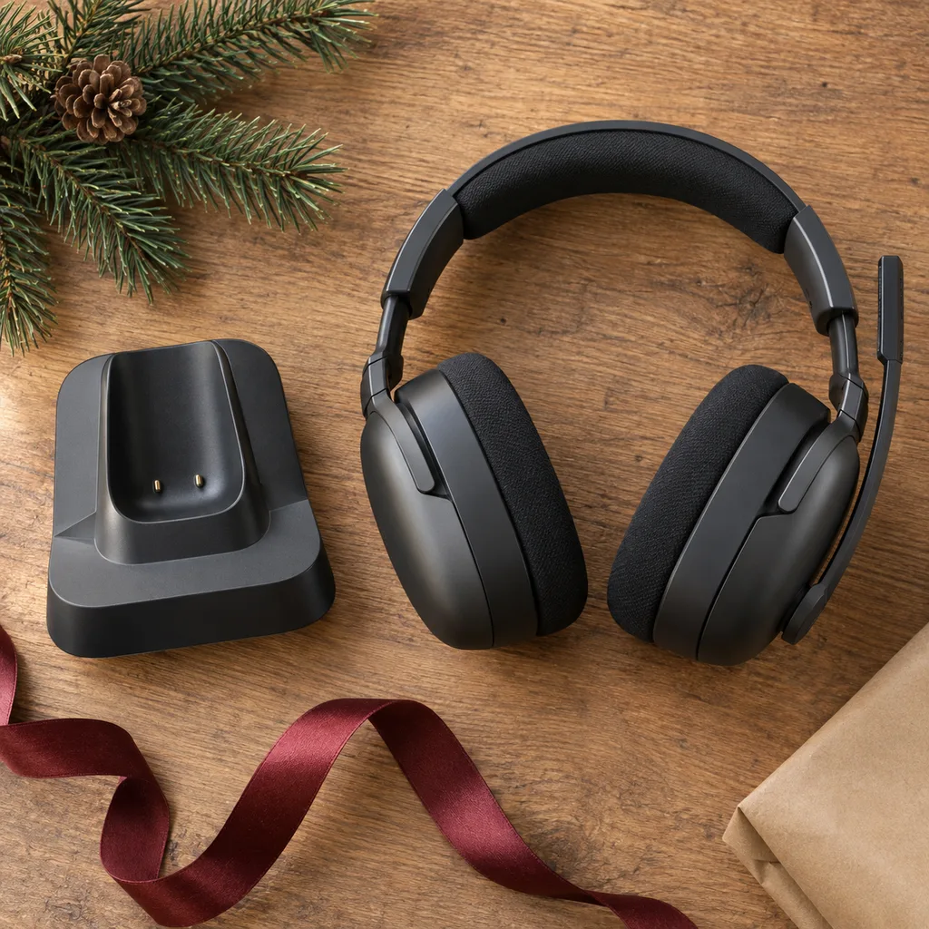 Representative photo-style image of wireless gaming headset charging stand — generated, not a specific product