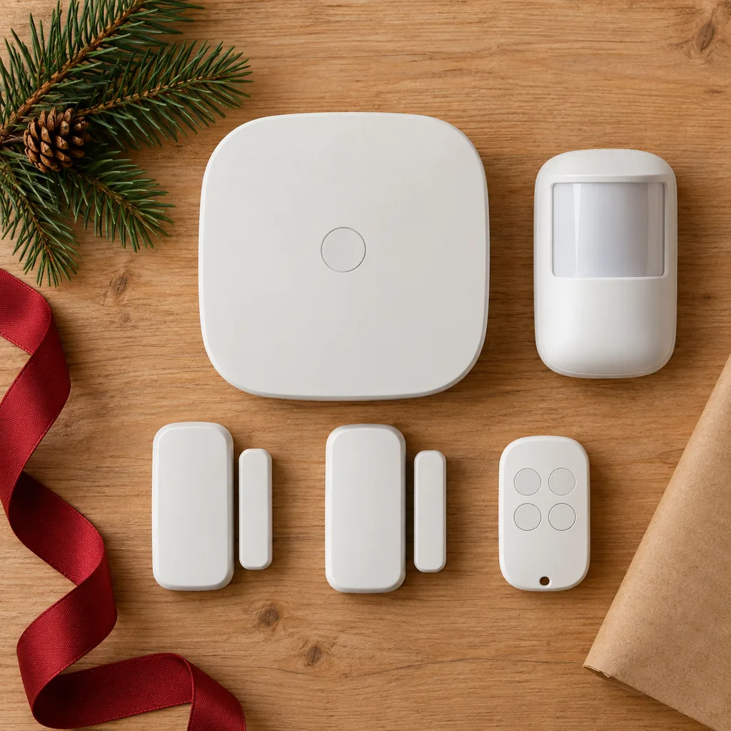 Representative photo-style image of wireless home security system kit — generated, not a specific product