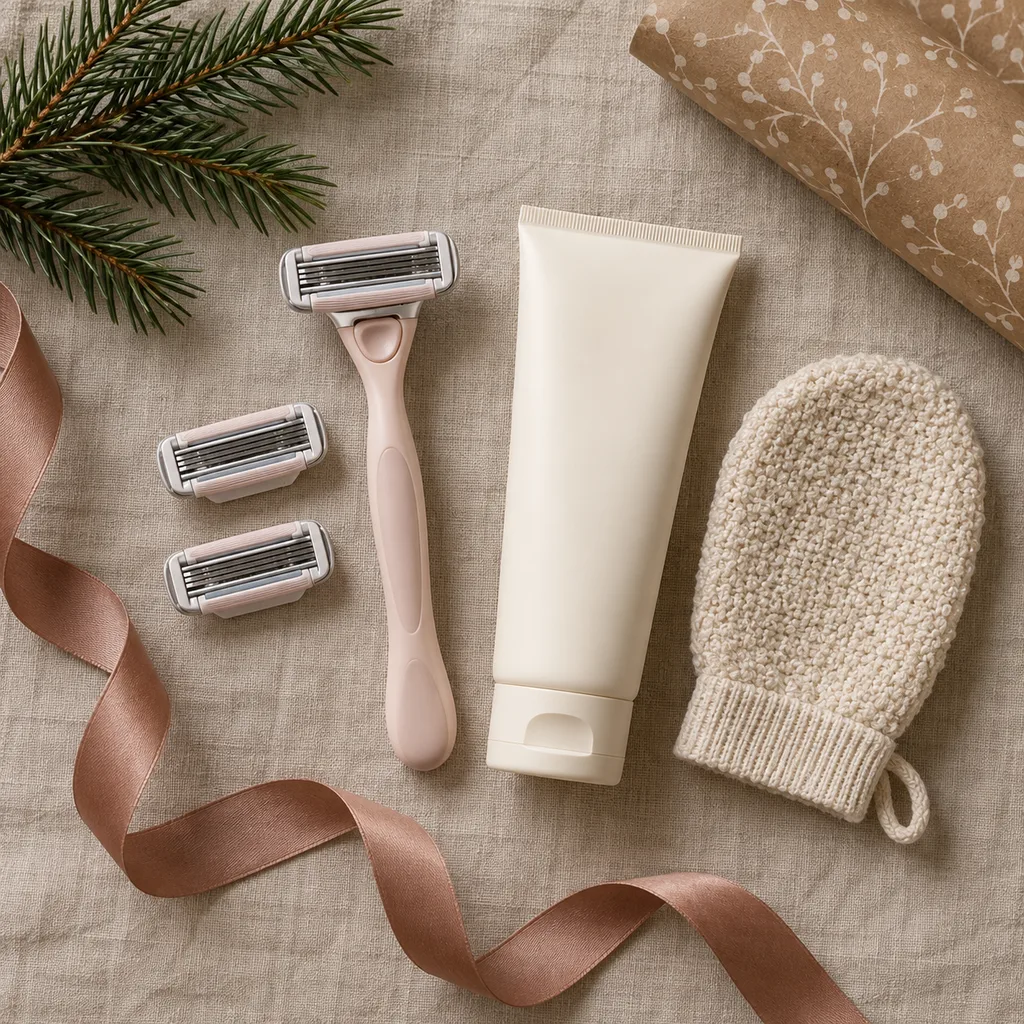 Representative photo-style image of women's body shaving kit — generated, not a specific product