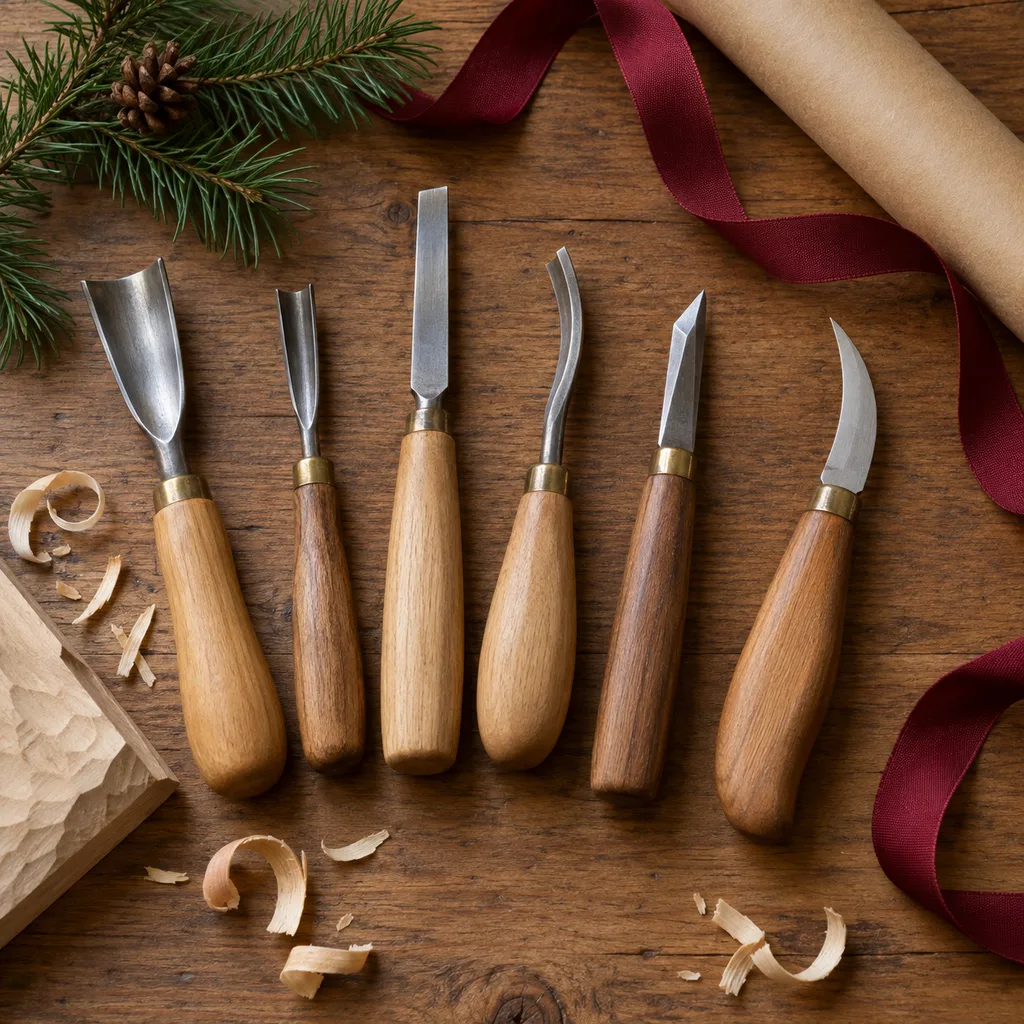 Representative photo-style image of wood carving tools — generated, not a specific product