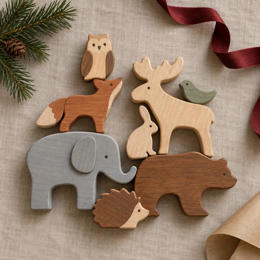 Representative photo-style image of wooden animal stacking game — generated, not a specific product