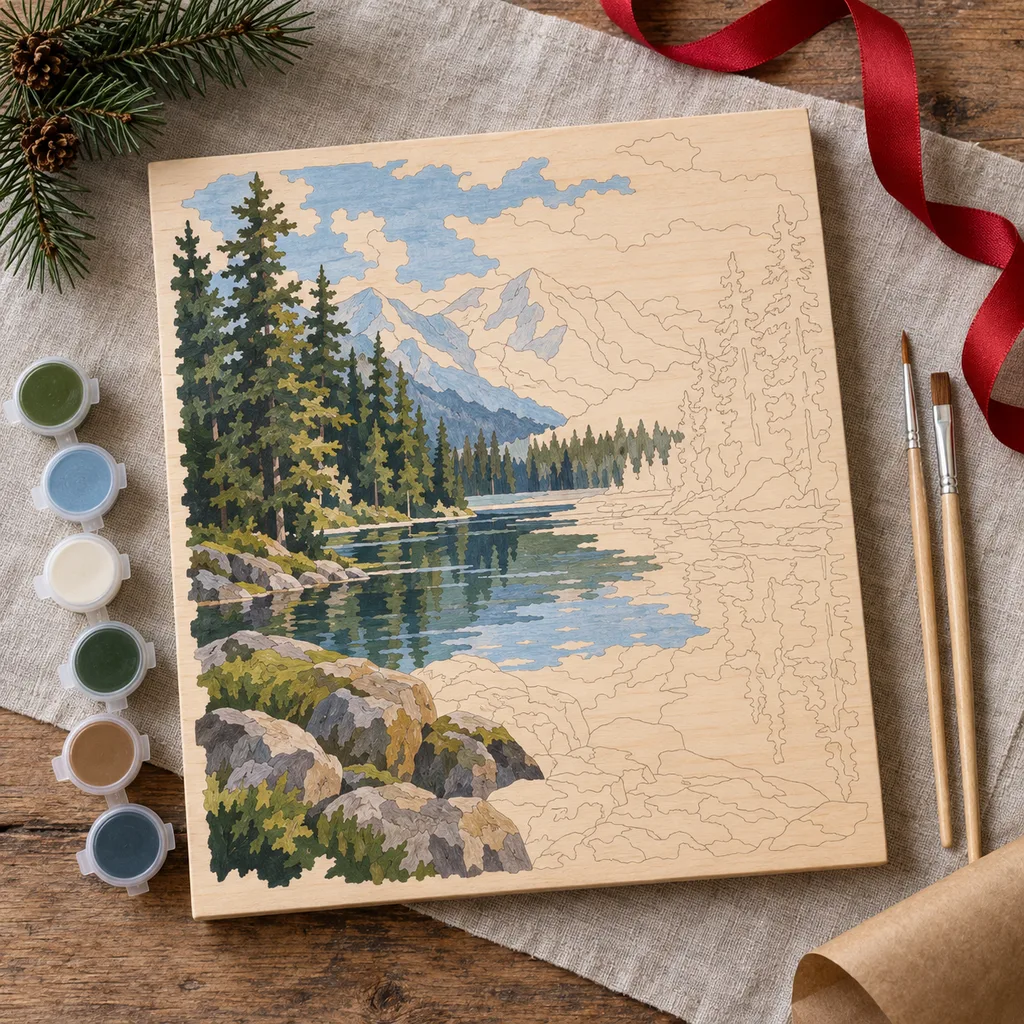 Representative photo-style image of wooden board paint-by-number — generated, not a specific product