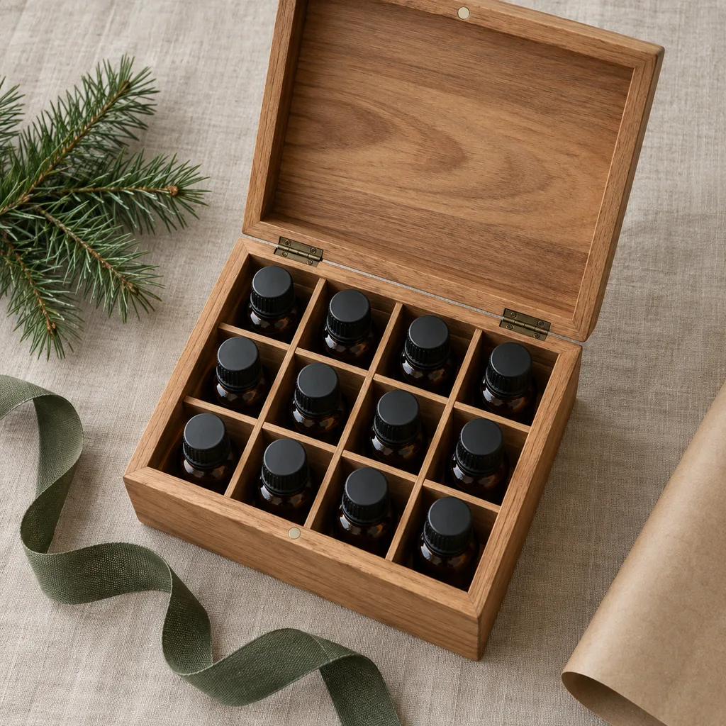 Representative photo-style image of wooden essential oil storage case — generated, not a specific product