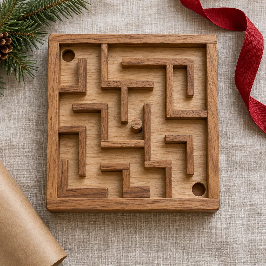 Representative photo-style image of wooden labyrinth maze puzzle — generated, not a specific product