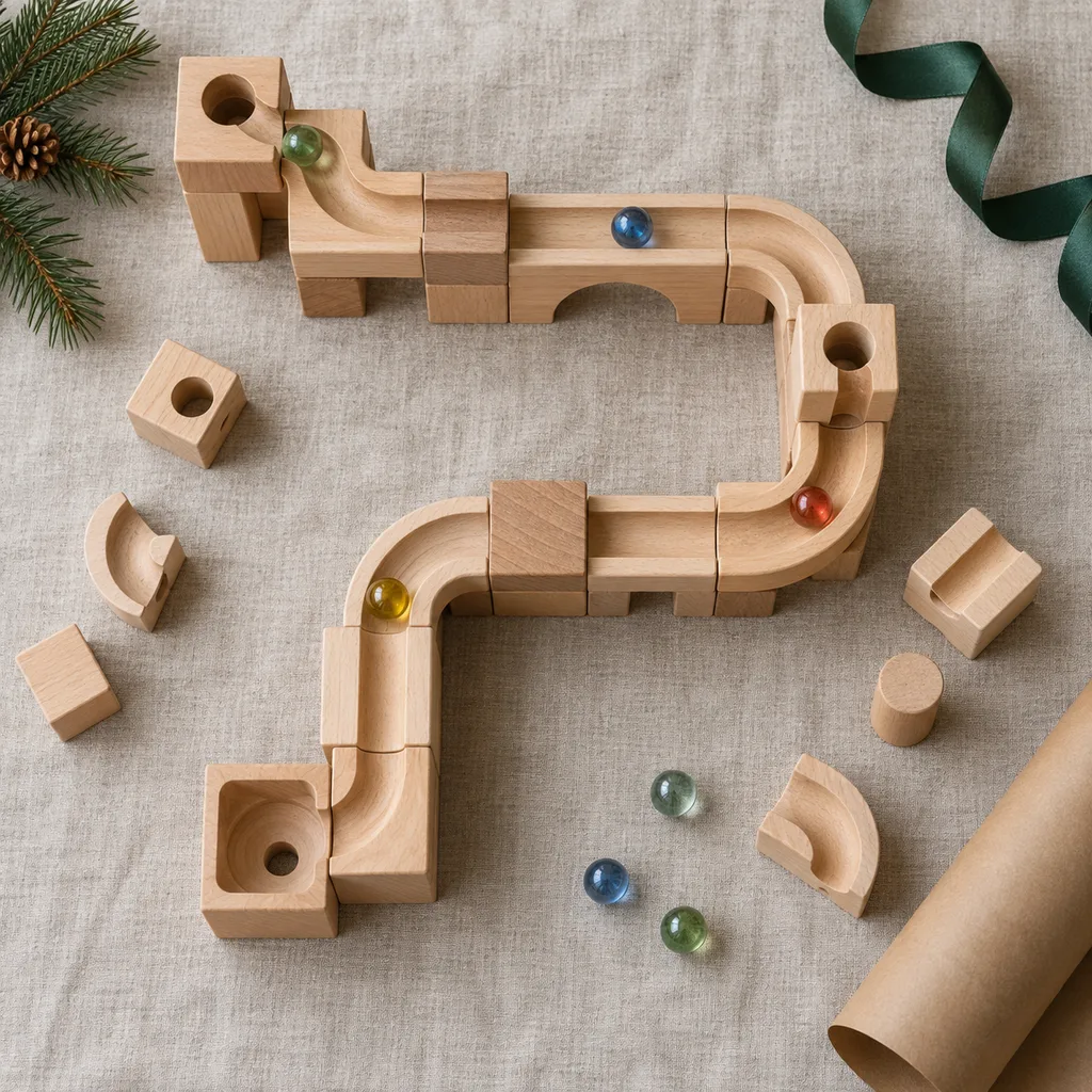 Representative photo-style image of wooden marble maze builder — generated, not a specific product