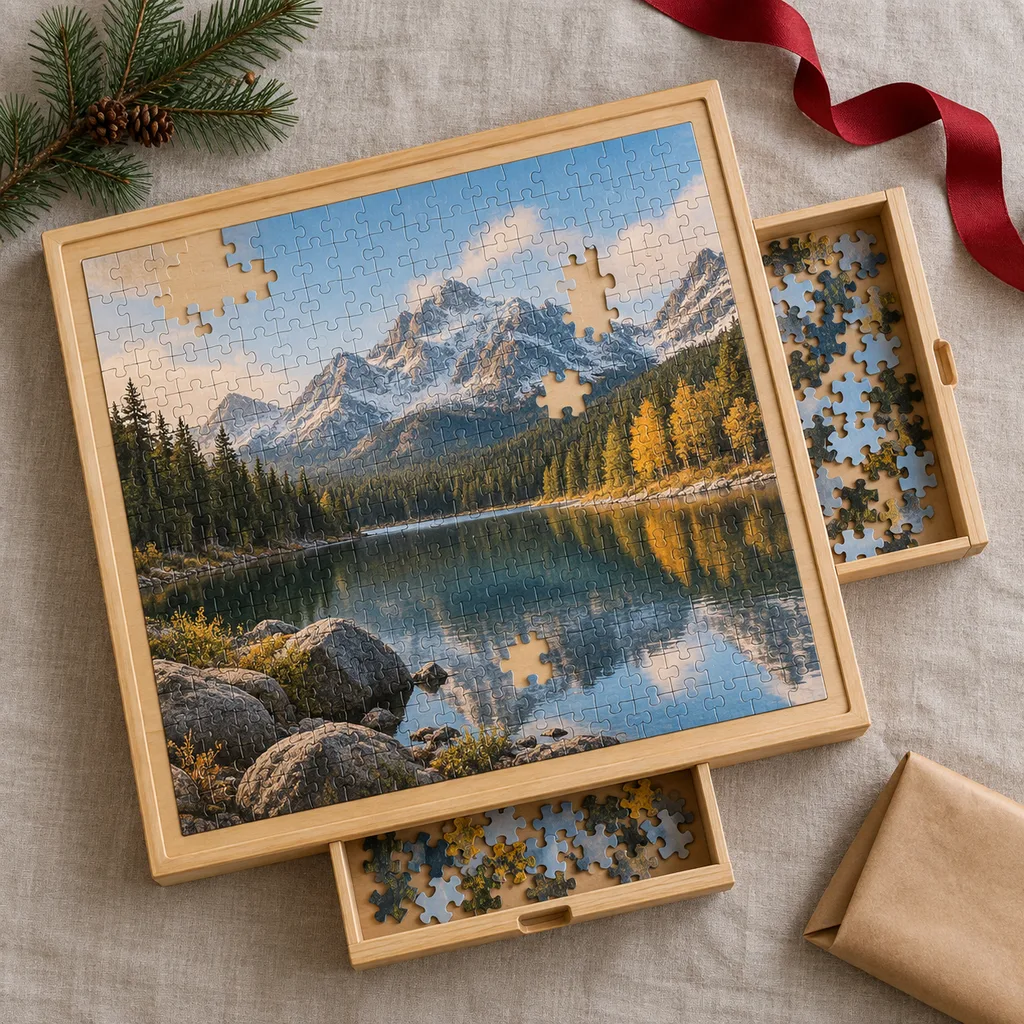 Representative photo-style image of wooden puzzle board with drawers — generated, not a specific product