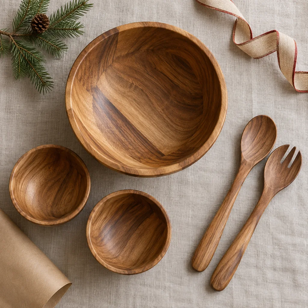 Representative photo-style image of wooden salad bowl set — generated, not a specific product