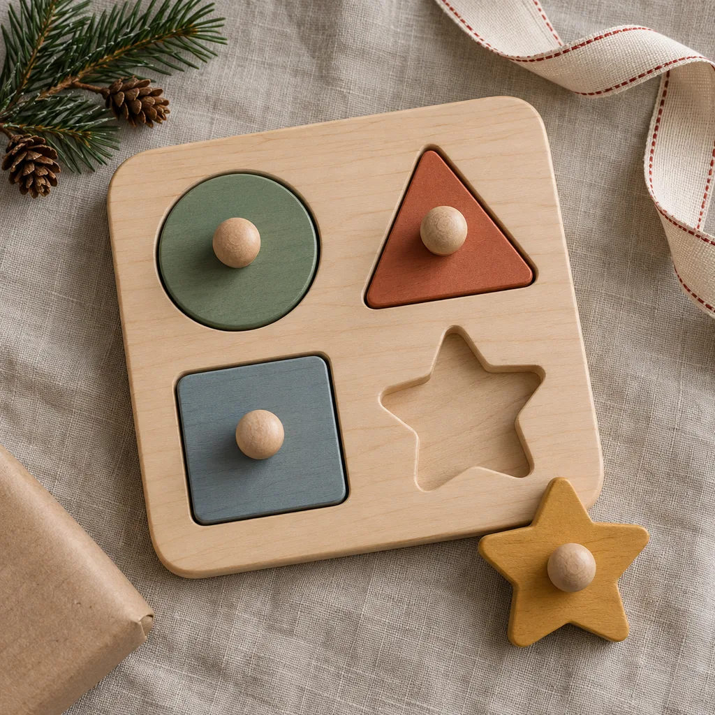 Representative photo-style image of wooden shape sorter puzzle — generated, not a specific product