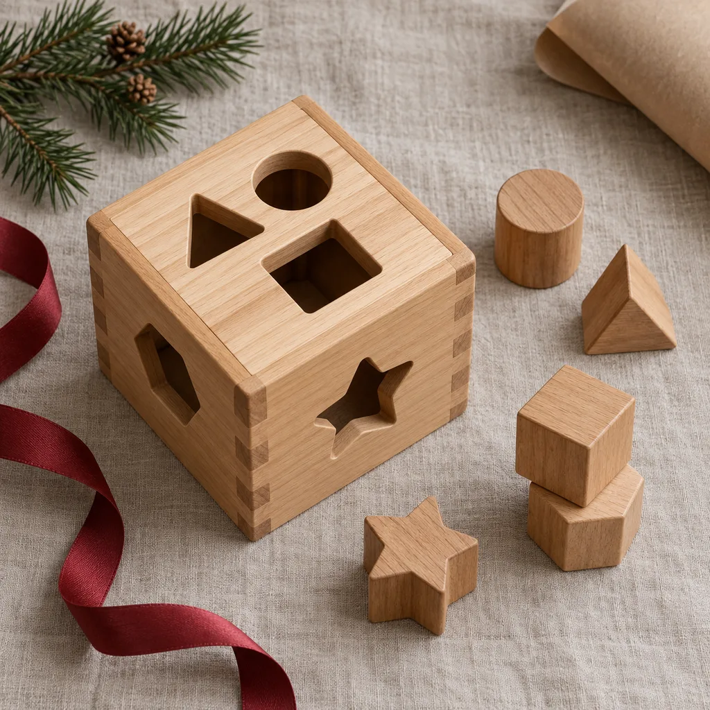 Representative photo-style image of wooden shape sorting cube — generated, not a specific product
