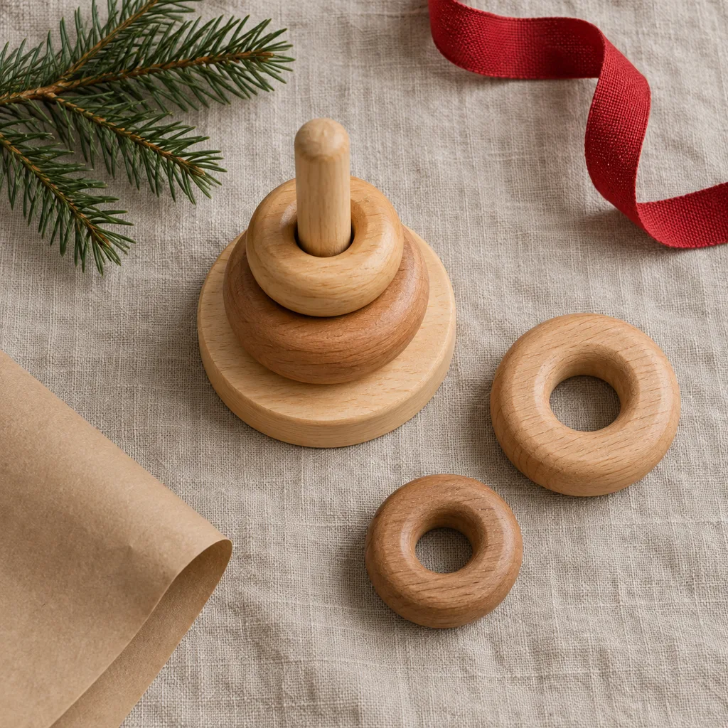 Representative photo-style image of wooden stacking ring puzzle — generated, not a specific product