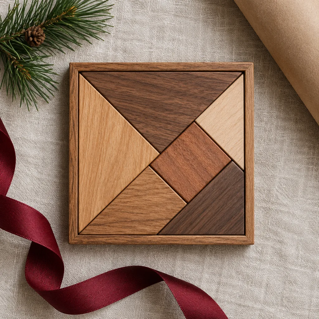 Representative photo-style image of wooden tangram geometric puzzle — generated, not a specific product