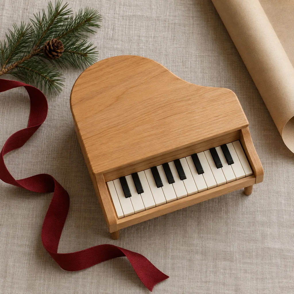 Representative photo-style image of wooden toy grand piano — generated, not a specific product