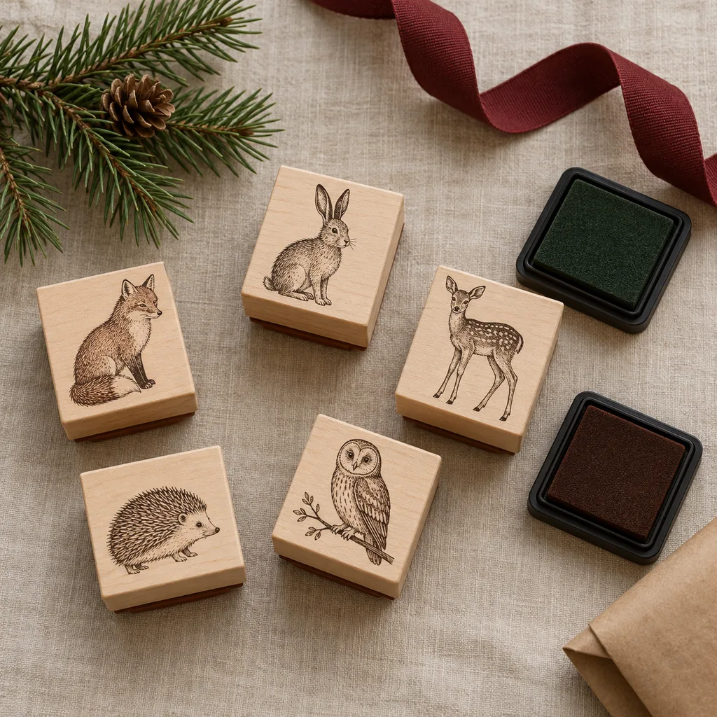 Representative photo-style image of woodland creatures stamp and ink set — generated, not a specific product