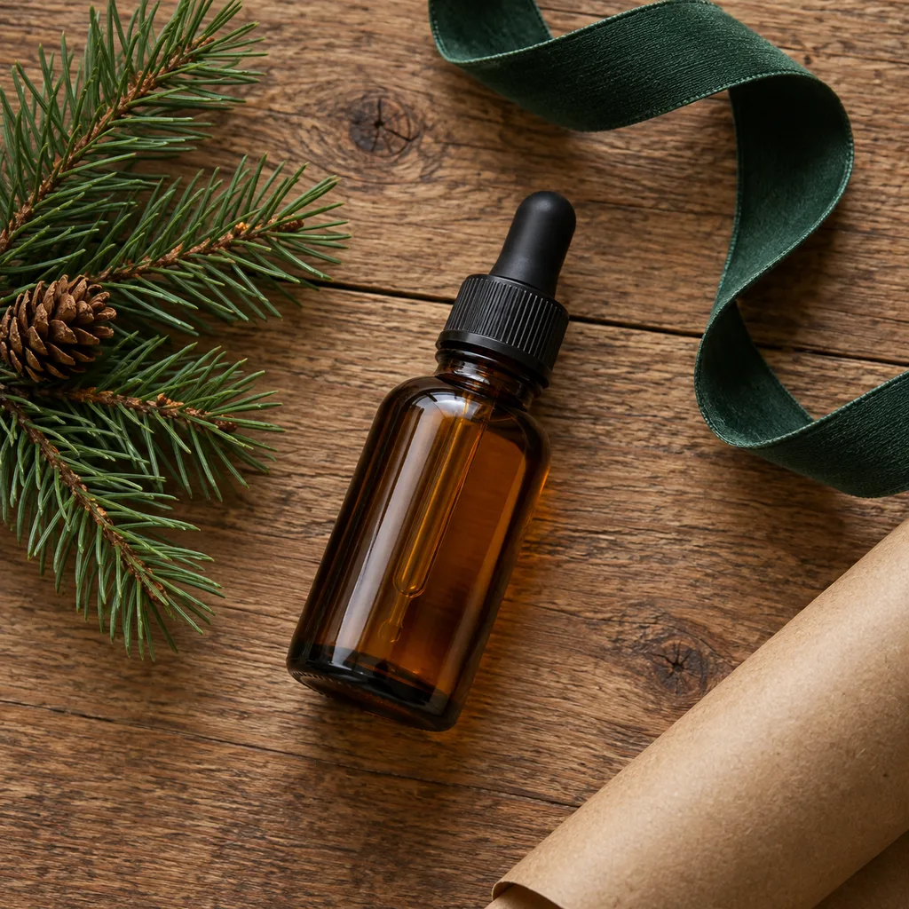Representative photo-style image of woodsy scented beard oil — generated, not a specific product