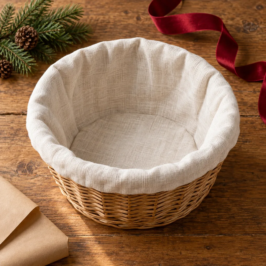 Representative photo-style image of woven bread basket with liner — generated, not a specific product