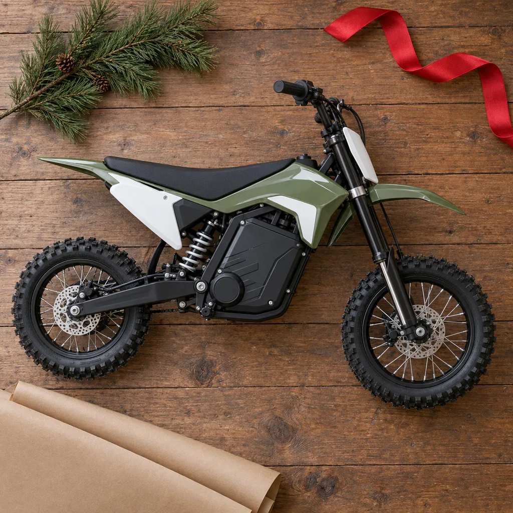Representative photo-style image of youth electric off-road dirt bike — generated, not a specific product