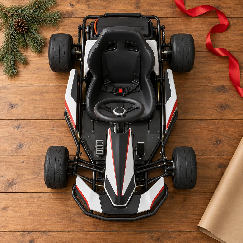 Representative photo-style image of youth electric racing go-kart — generated, not a specific product