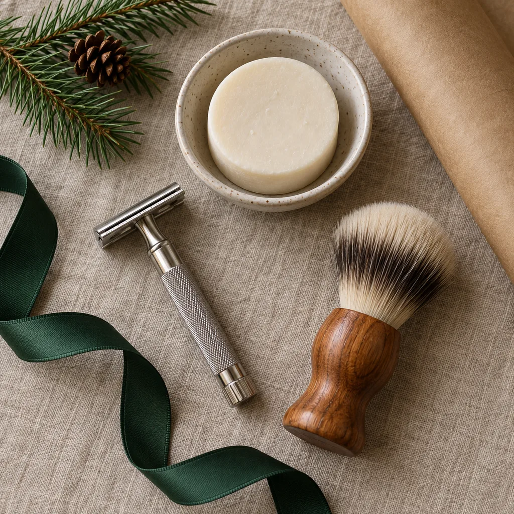 Representative photo-style image of zero-waste shaving kit — generated, not a specific product