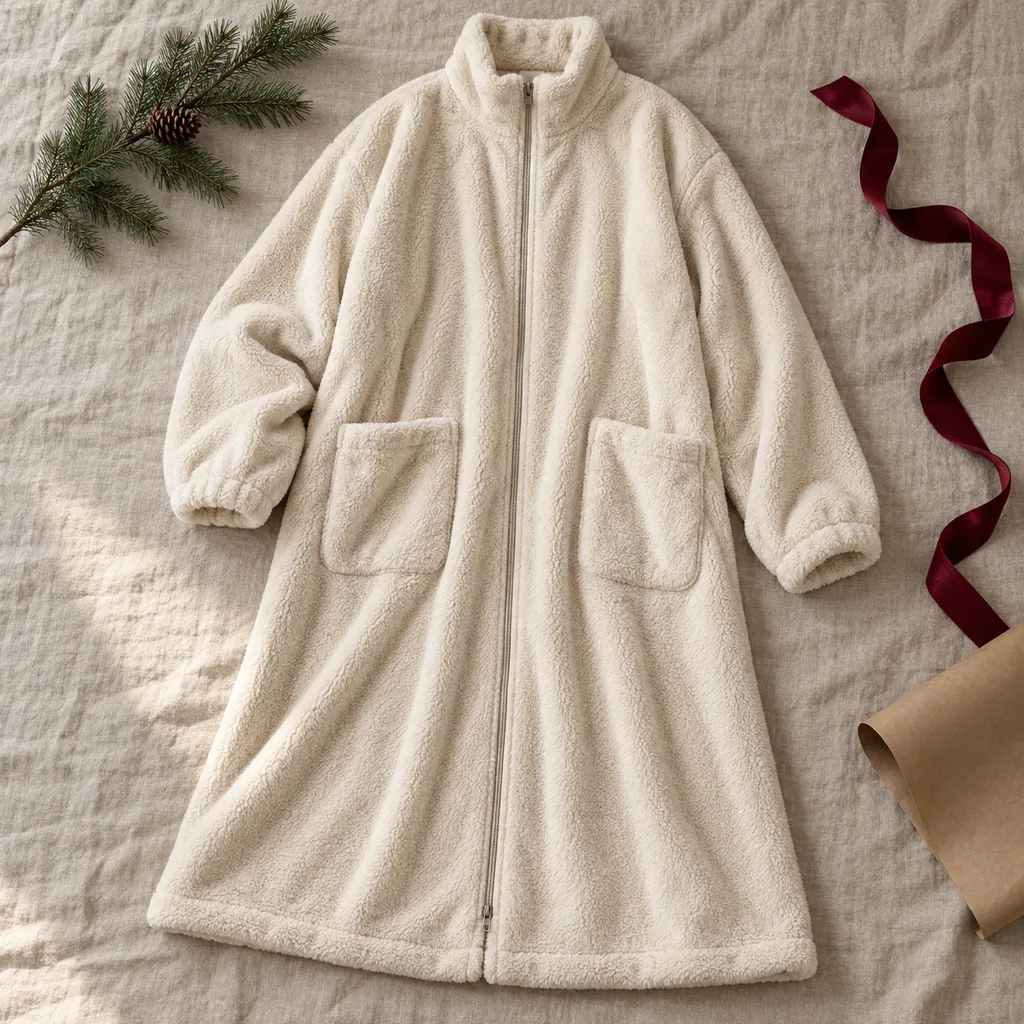Representative photo-style image of zip-up wearable blanket robe — generated, not a specific product